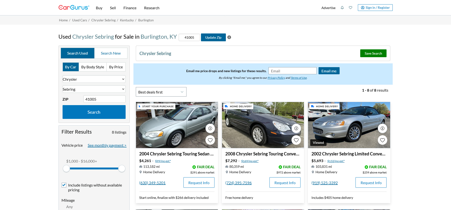 Screenshot of buying cars online via CarGurus