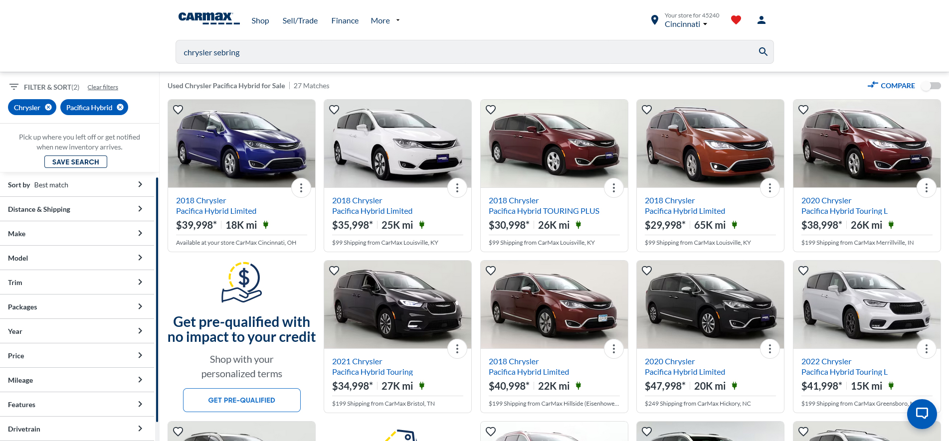 Screenshot of buying cars online via CarMax