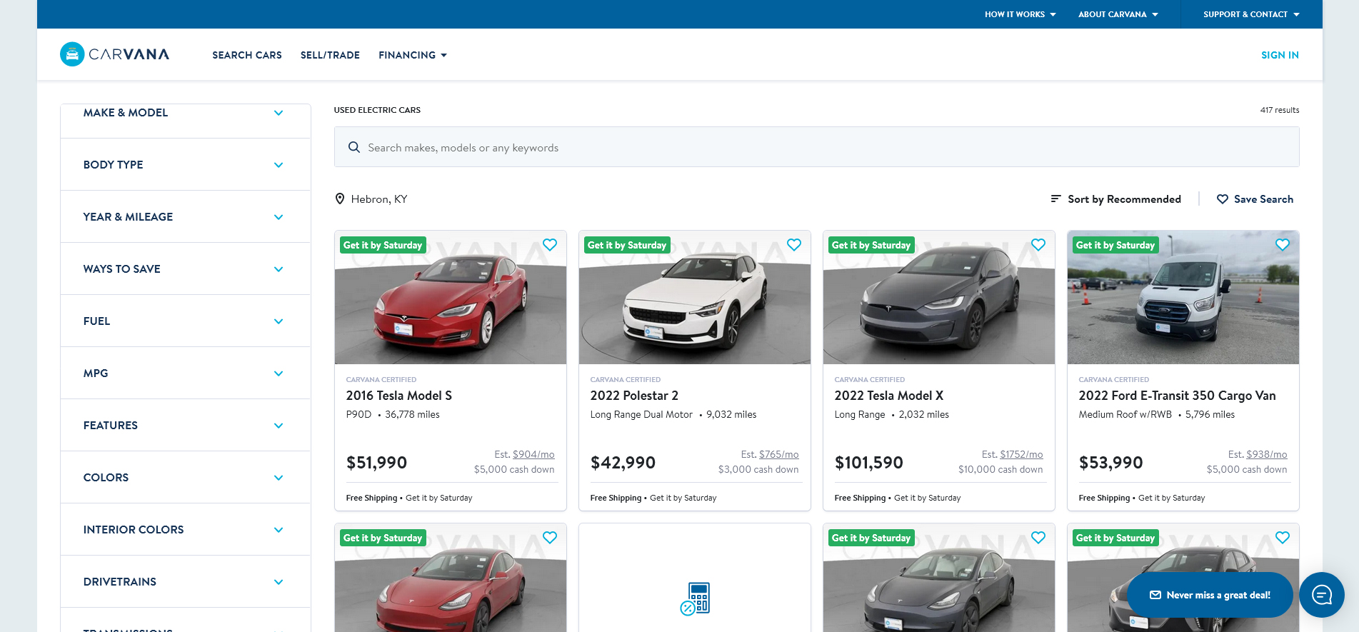 Screenshot of buying cars online via Carvana.