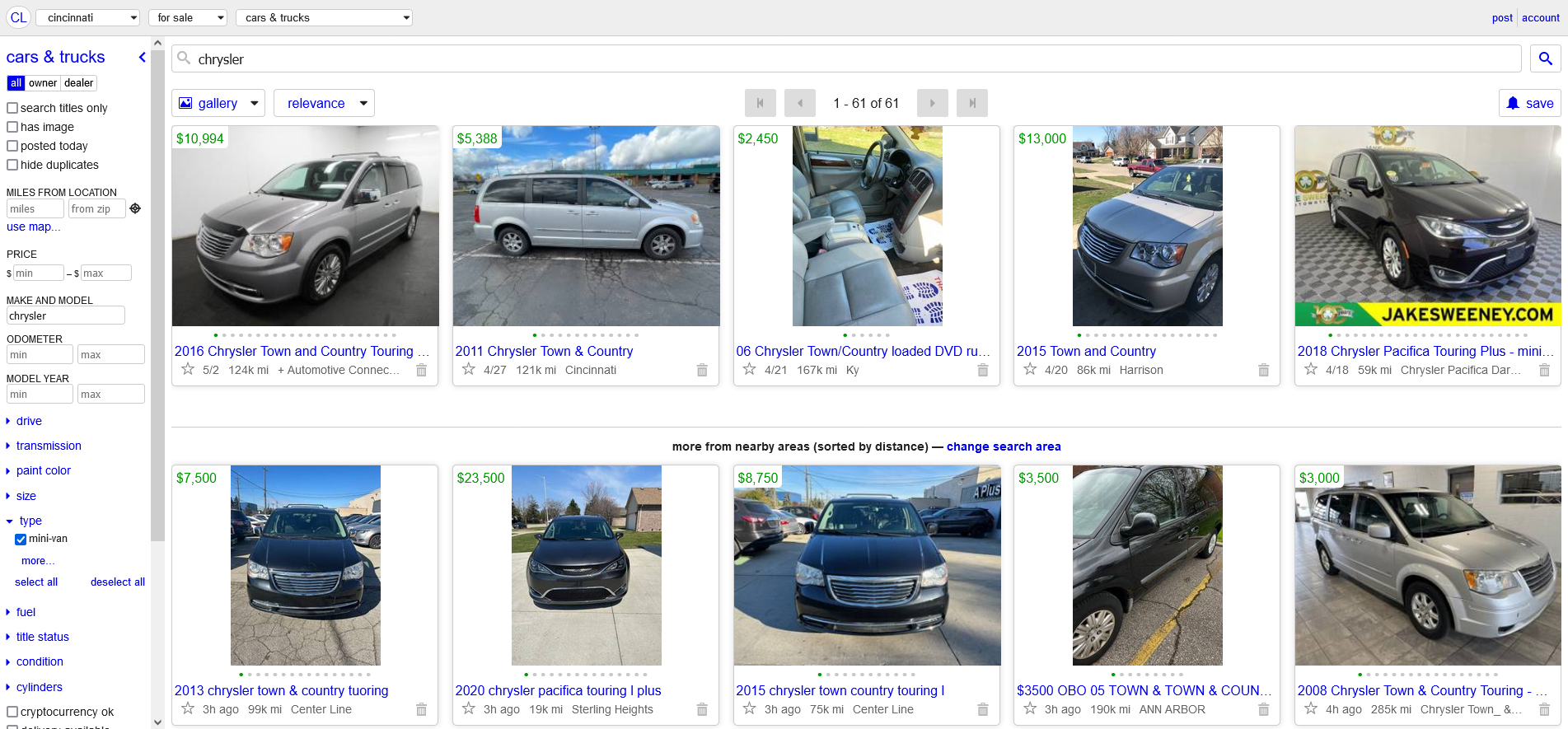 Screenshot of buying cars online via Craiglist