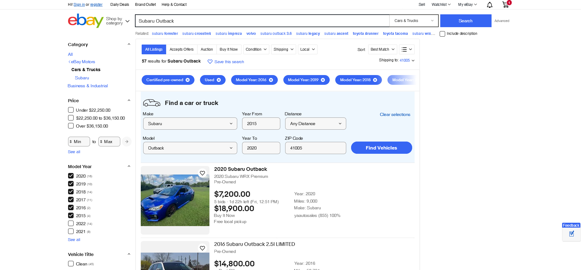 Screenshot of buying cars online via eBay Motors