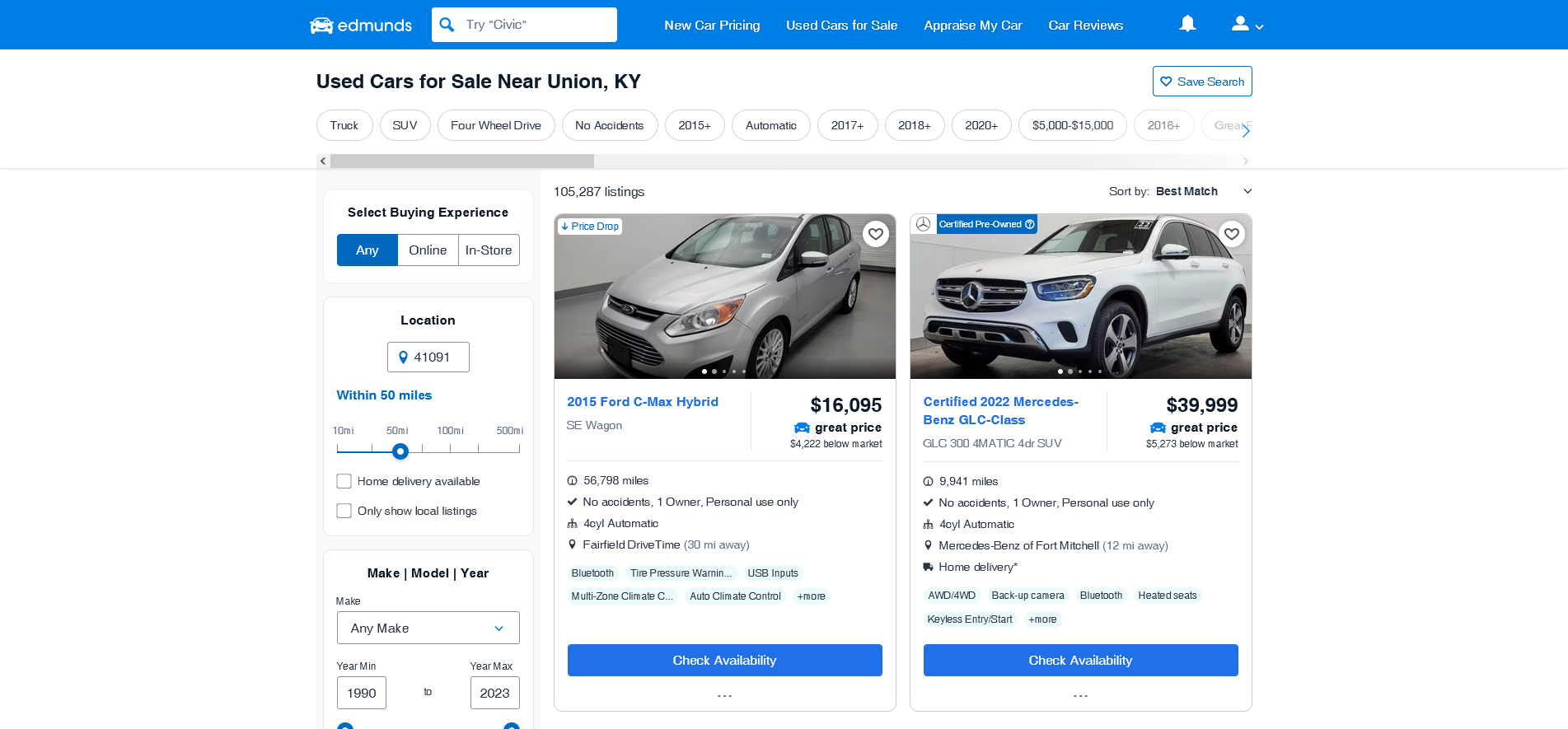 Screenshot of buying cars online via Edmunds
