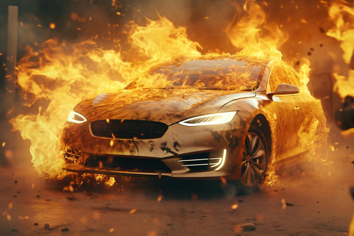 Electric vehicle on fire because of saltwater exposure.